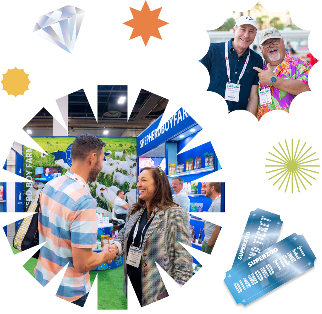 A collage of photos from the SuperZoo event, stylized with graphics resembling stars, diamonds and raffle tickets.